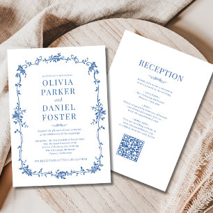 Invitation Mariage Royal Bleu Victorien Code QR Tout-en-un