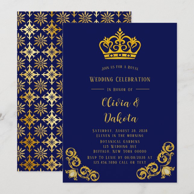 Invitation Mariage royal Blue and Gold Damask (Devant / Derrière)