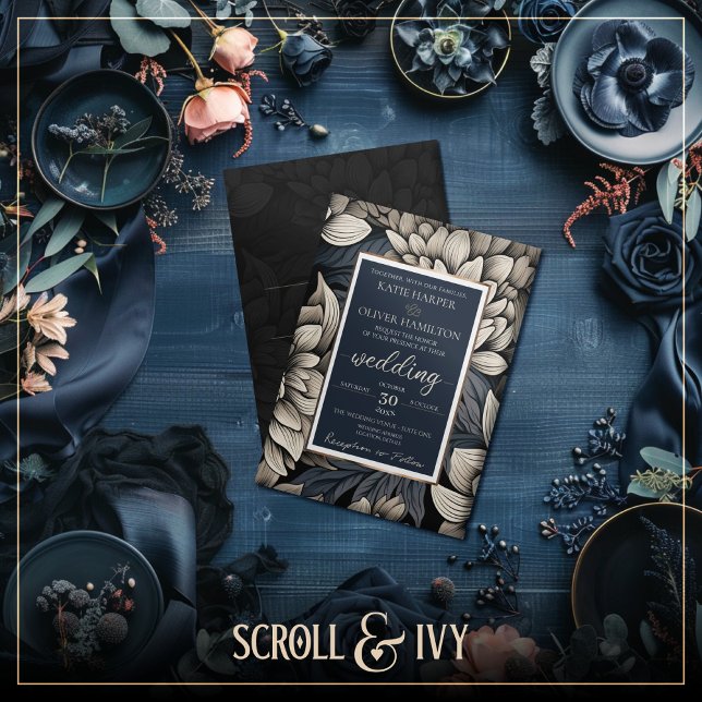 Invitation Mariage Royal Blue & Champagne White Bloom ( The Luxe Floral Wedding Suite - Wedding Invitation (Front))