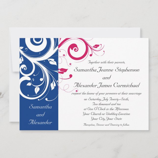 Invitation Mariage Royal Blue/Fuchsia Swirl (Devant)