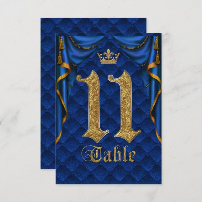 Invitation Mariage Royal Blue Gold Crown Numéro de tableau 11 (Devant / Derrière)