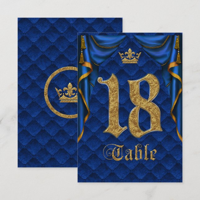 Invitation Mariage Royal Blue Gold Crown Numéro de tableau 18 (Devant / Derrière)