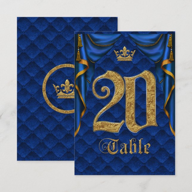 Invitation Mariage Royal Blue Gold Crown Numéro de tableau 20 (Devant / Derrière)