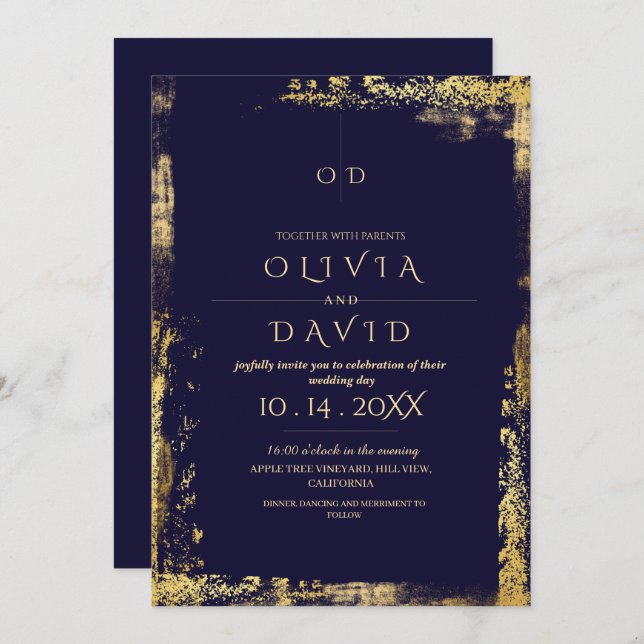 Invitation Mariage Royal Blue Gold moderne (Devant / Derrière)