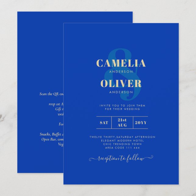 Invitation Mariage Royal Blue Monochrome moderne INVITE (Devant / Derrière)