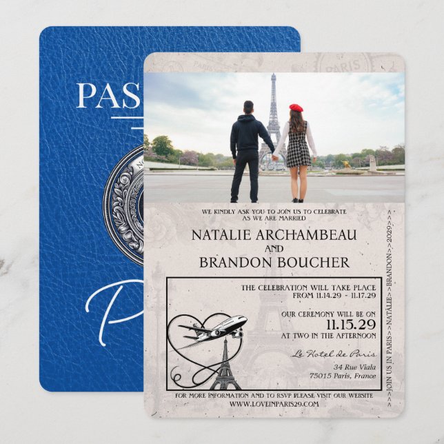 Invitation Mariage Royal Blue Paris Passport (Devant / Derrière)