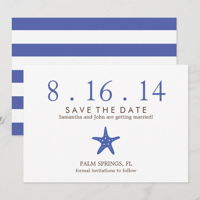Invitation Mariage Royal Blue Starfish Enregistrer la date (Devant / Derrière)