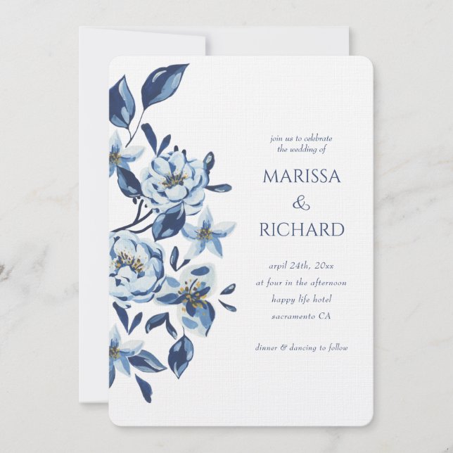 Invitation Mariage Royal Blue White Floral (Devant)