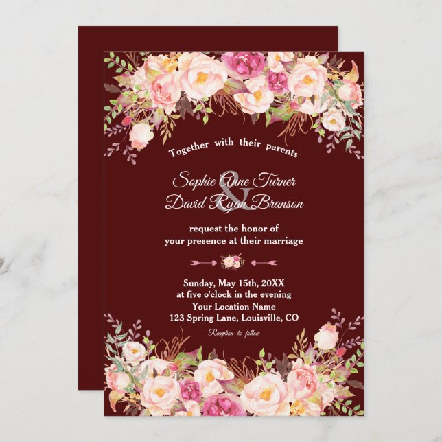 Invitation Mariage Royal Bourgogne rose (Devant / Derrière)