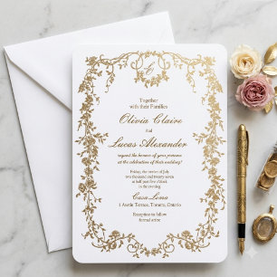 Invitation Mariage Royal Élégant Blanc et Or Floral
