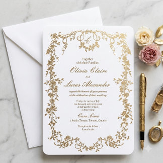 Invitation Mariage Royal Élégant Blanc et Or Floral
