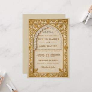 Invitation Mariage Royal Islamique Arche Crème Or floral lace