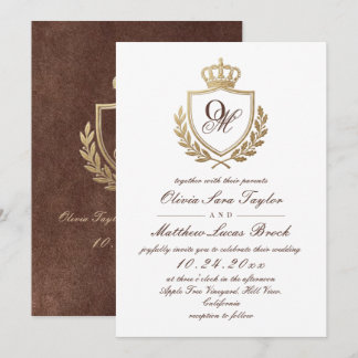 Invitation Mariage Royal Monogramme Tissu Faux Velours Brun
