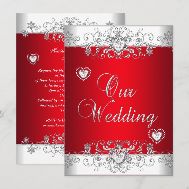 Invitation Mariage Royal Rouge Argent Diamant Cœurs (Devant / Derrière)