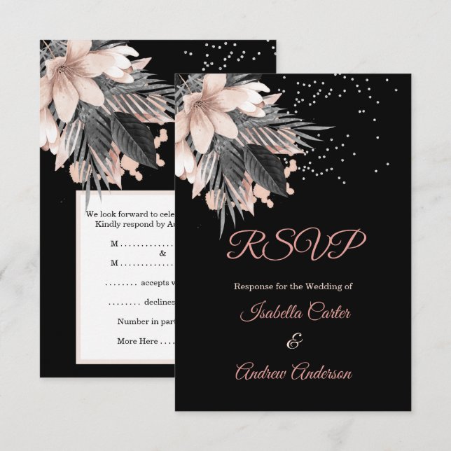 Invitation Mariage RSVP Blush Rose Pêche Charbon Floral (Devant / Derrière)