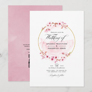 Invitation Mariage RSVP Code QR Fleur de Cerisier Rose Géomét