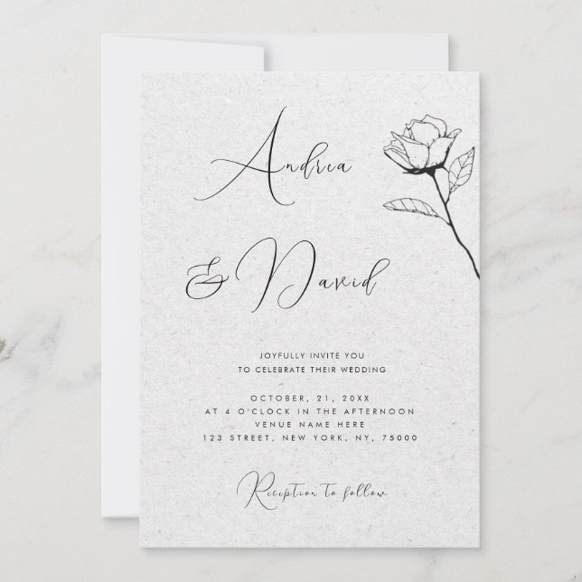 Invitation Mariage RSVP Code QR Rose Dessinée Kraft Gris (Devant)