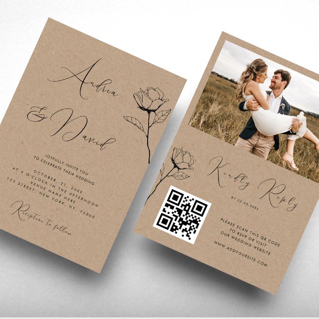 Invitation Mariage RSVP Code QR Rose Dessinée Look Kraft Rust (Créateur téléchargé)