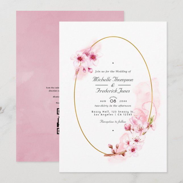 Invitation Mariage RSVP de code QR de fleurs de cerisier rose (Devant / Derrière)