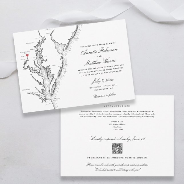 Invitation Mariage RSVP du code QR tout-en-un de Washington D (Washington DC All-in-One QR code Wedding invitation in elegant black and white | Coastal Map Designs)