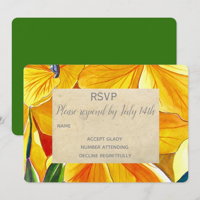Invitation Mariage RSVP fleurs jaunes pays rustique (Devant / Derrière)