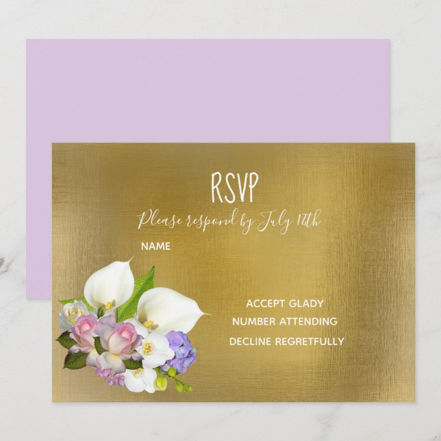 Invitation Mariage RSVP pastel thème floral et or (Devant / Derrière)