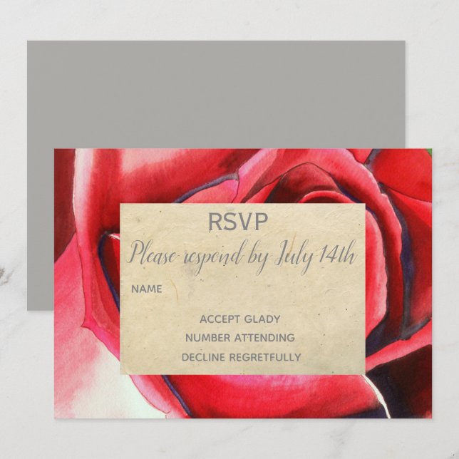 Invitation Mariage RSVP Rose rouge art de fleurs rustique (Devant / Derrière)