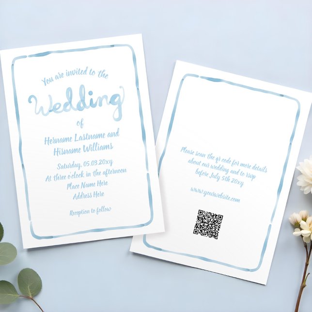 Invitation Mariage RSVP RSVP QR simple à main tiré bleu clair (Créateur téléchargé)