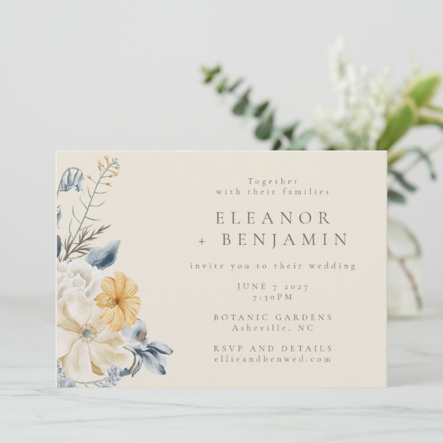 Invitation Mariage RSVP Rustique bleu jaune Floral (Debout devant)