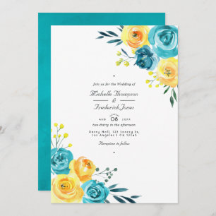 Invitation Mariage RSVP Turquoise et Jaune Floral QR Code