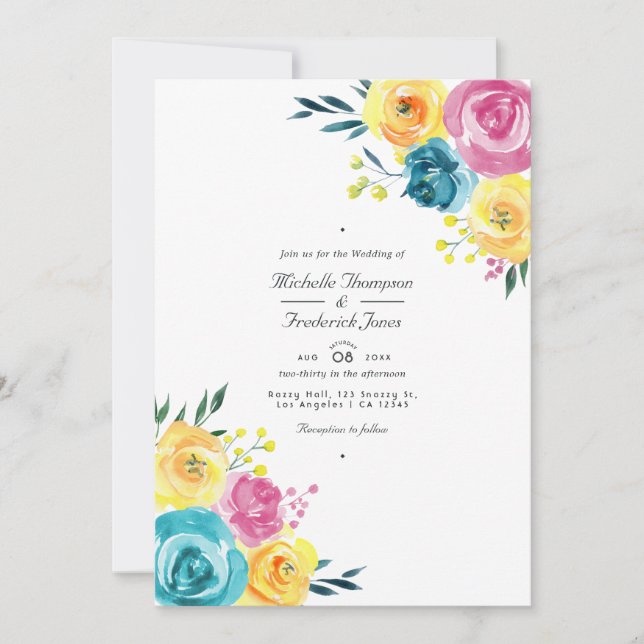 Invitation Mariage RSVP Turquoise et Jaune Floral QR Code (Devant)