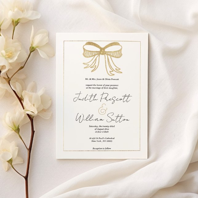 Invitation Mariage ruban arc simple en or blanc parties scint (Simple white gold glitter bow ribbon Wedding )