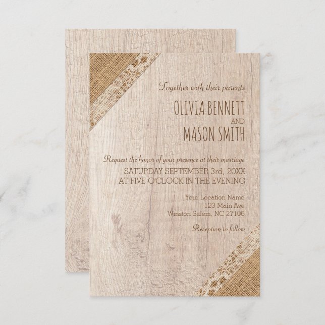 Invitation Mariage Russe Beige Blanc Bois Burlap (Devant / Derrière)