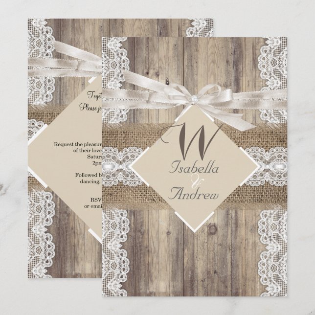 Invitation Mariage Russe Beige Blanc dentelle Bois Burlap 2a (Devant / Derrière)