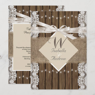 Invitation Mariage Russe Beige Blanc dentelle Bois Burlap 5