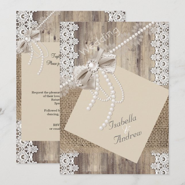 Invitation Mariage Russe Beige Pearl Burlap en bois de dentel (Devant / Derrière)