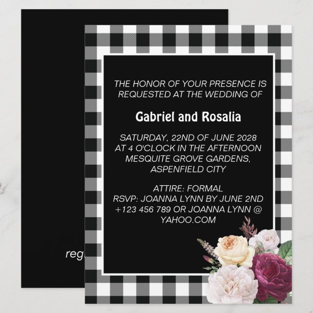 Invitation Mariage Russe Black and White Buffalo Check (Devant / Derrière)