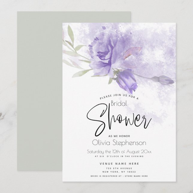 Invitation Mariage | Russe Violet violet Rose Floral (Devant / Derrière)