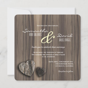 Invitation Mariage Rustic Wood Two Hearts