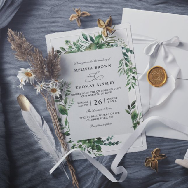 Invitation Mariage rustique à budget avec code QR et verdure  (Créateur téléchargé)