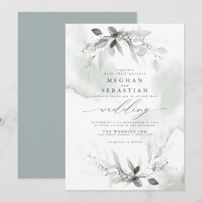 Invitation Mariage Rustique Aquarelle Verdure Vert Dusty (Devant / Derrière)