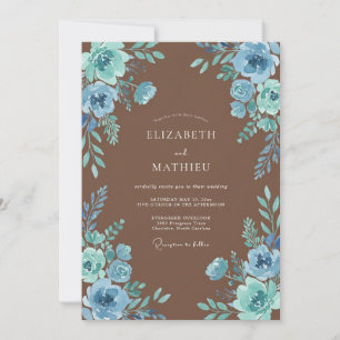 Invitation Mariage rustique aux fleurs bleu poussiéreux