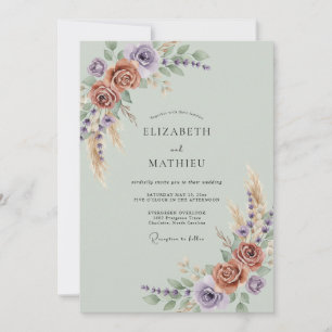 Invitation Mariage rustique aux fleurs de lavande en terre cu