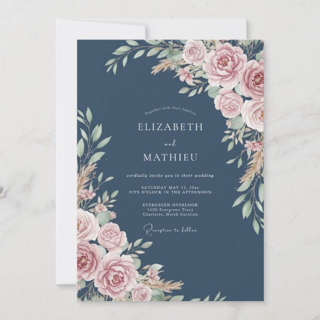 Invitation Mariage rustique aux fleurs rose poussiéreux (Devant)