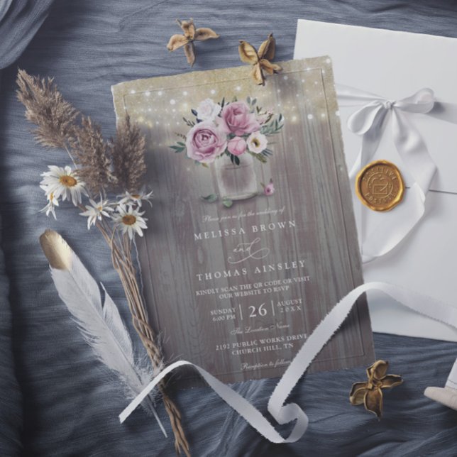 Invitation Mariage Rustique avec Code QR Bocal Mason Fleur Ro (Créateur téléchargé)