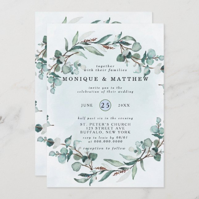 Invitation Mariage rustique avec eucalyptus de couleur bleu p (Devant / Derrière)