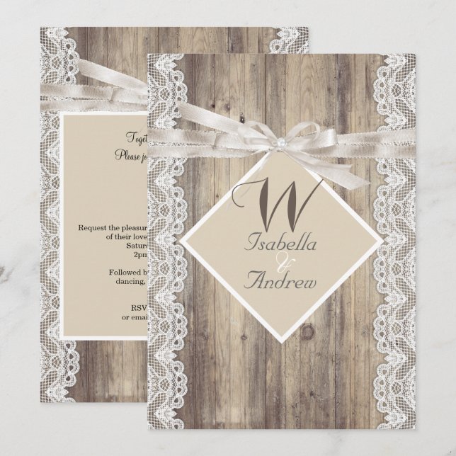 Invitation Mariage rustique Beige Blanc dentelle bois (Devant / Derrière)