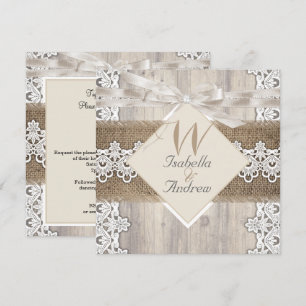 Invitation Mariage rustique beige blanc dentelle bois toile d
