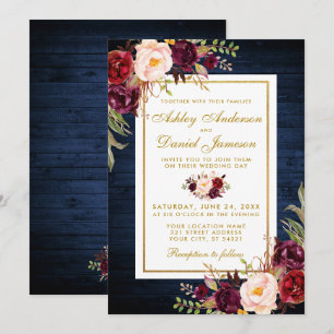 Invitation Mariage rustique Bleu Bois Bourgogne Floral Mariag