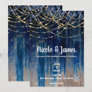 Invitation Mariage Rustique Bleu Bois de Grange Côtière Flou 